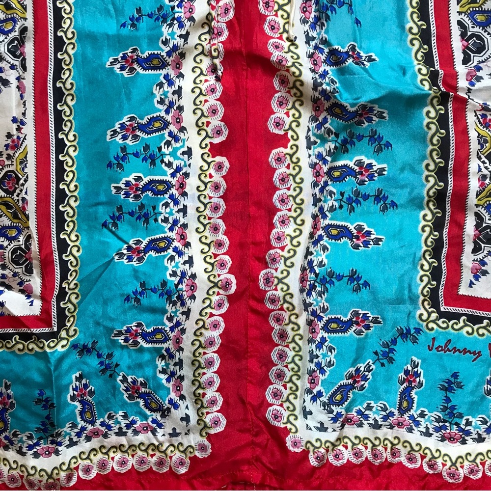 Johnny Was Sundance Red Blue Beige Silk 3/4 Peasant Top, EUC, S - Picture 3 of 12